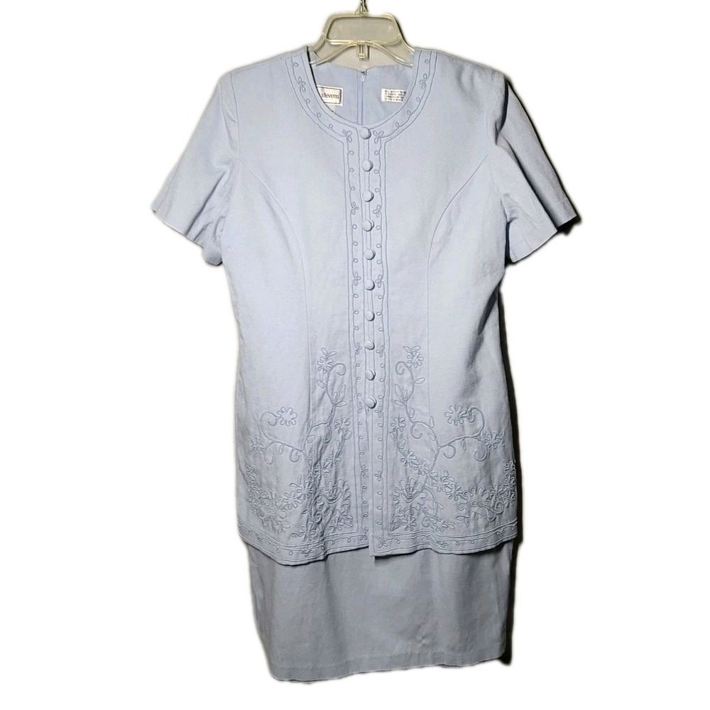Vintage Karin Stevens Sz16 Blue Dress attached Tunic embroidered vest Skirt
